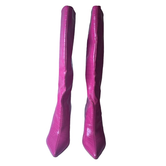 Pretty Little Thing Hot Pink Knee High Stiletto Boots Size 8, Pointy Toe - Picture 2 of 6